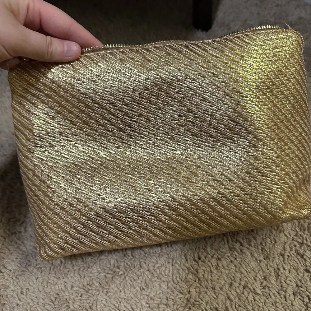 Vince Camuto Metallic Gold Diagonal Weave Cosmetic Pouch with Tassel